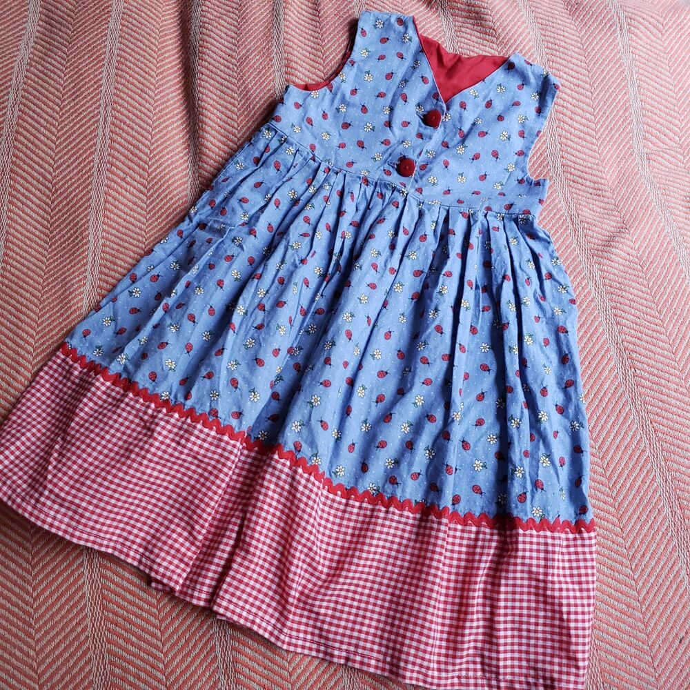 Two Little Dutch Dolls DIY Gingham/Ladybug Sleeveless Dress Sz 4 Vintage/Cottage